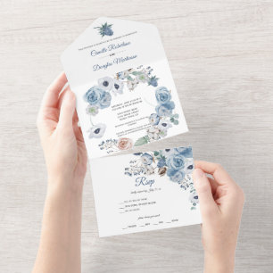 Dusty Blue Floral Wedding All In One Invitation