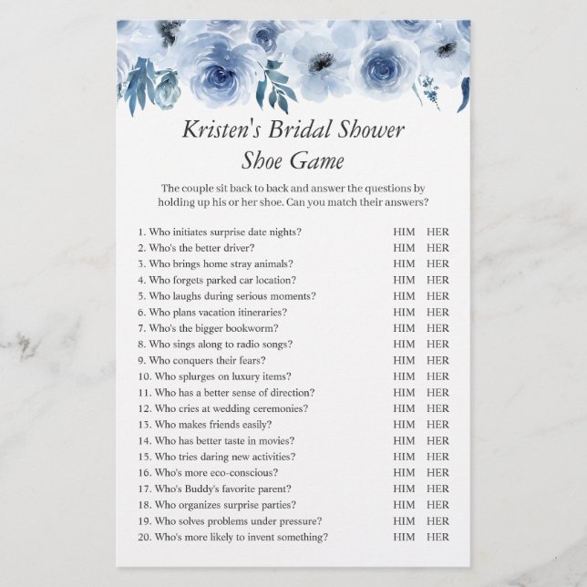 Dusty Blue Floral Wedding Bridal Shower Shoe Game Flyer (Front)