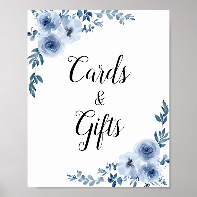 dusty blue floral wedding cards & gifts sign (Front)