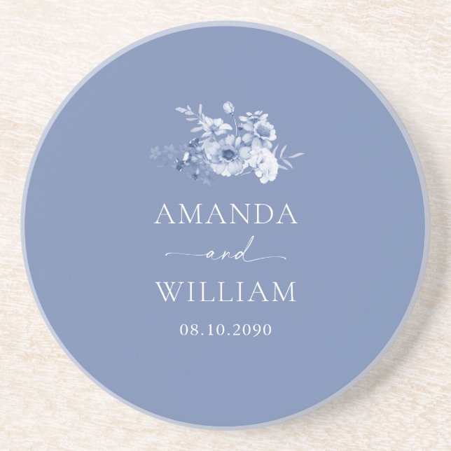 Dusty Blue Floral Wedding  Coaster (Front)
