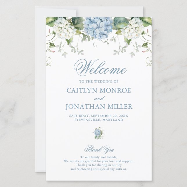 Dusty Blue Floral Wedding Crest Ceremony Program (Front)