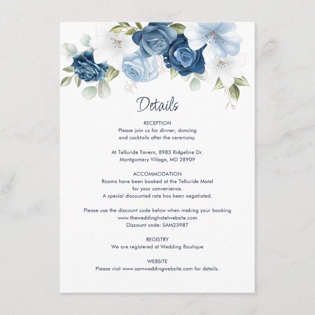 Dusty Blue Floral Wedding Details Enclosure Card (Front)