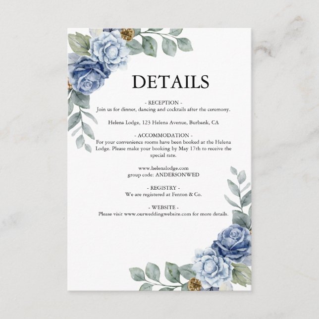 Dusty Blue Floral Wedding Enclosure Card (Front)