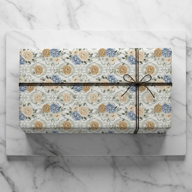 Dusty Blue Floral Wedding Gift Wrapping Paper (Creator Uploaded)