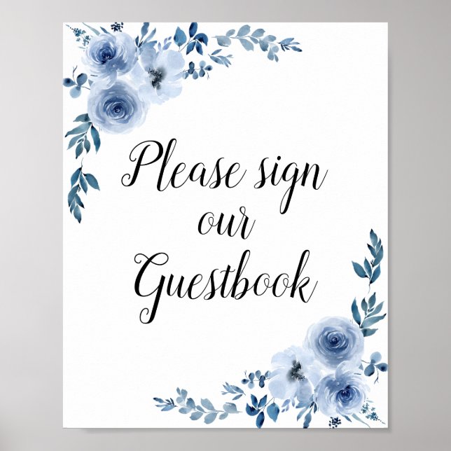 dusty blue floral wedding guestbook sign (Front)
