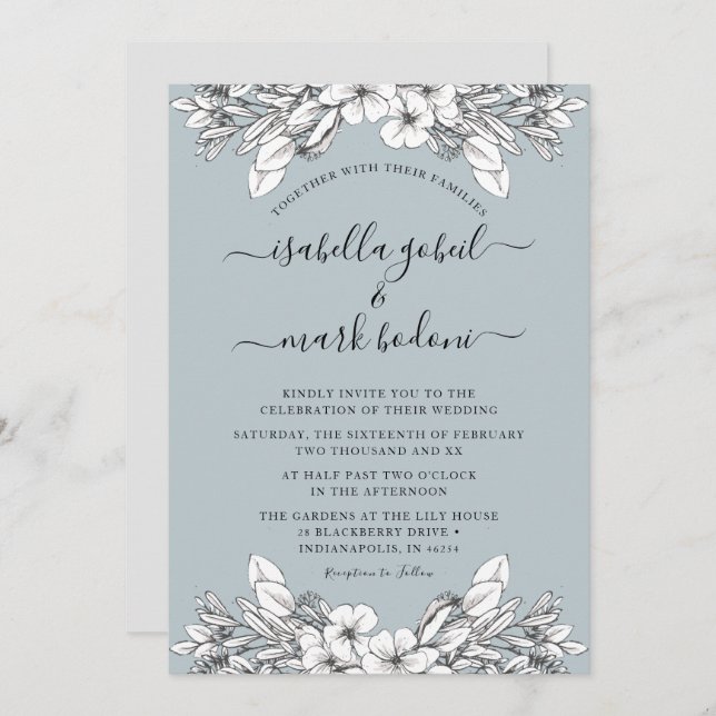Dusty Blue Floral Wedding Invitation (Front/Back)