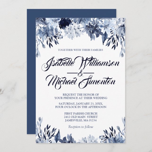 Dusty Blue Floral Wedding Invitation (Front/Back)