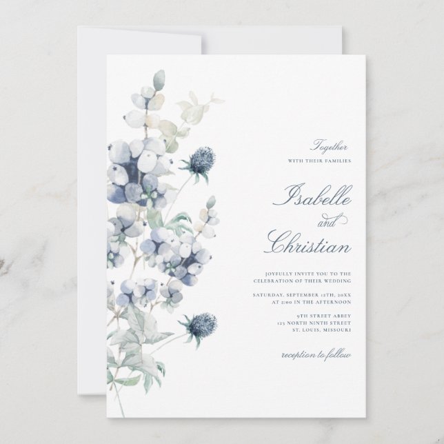 Dusty Blue Floral Wedding Invitation (Front)