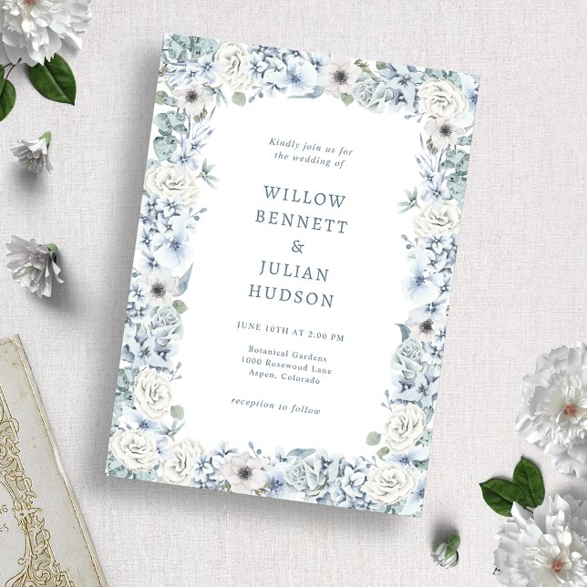 Dusty Blue Floral Wedding Invitation (Creator Uploaded)