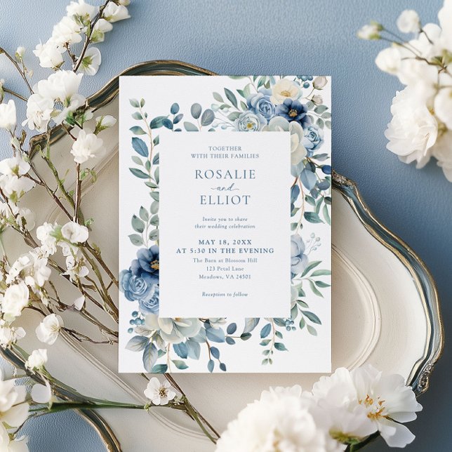 Dusty Blue Floral Wedding Invitation (Creator Uploaded)