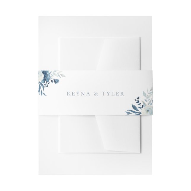 Dusty Blue Floral Wedding Invitation Belly Band (Front Example)
