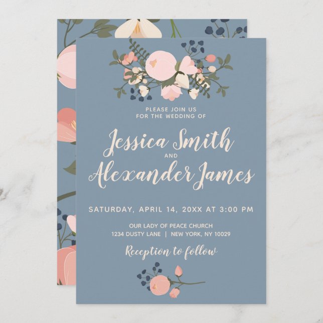 Dusty Blue Floral Wedding Invitation Blush Pink (Front/Back)