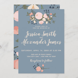 Dusty Blue Floral Wedding Invitation Blush Pink