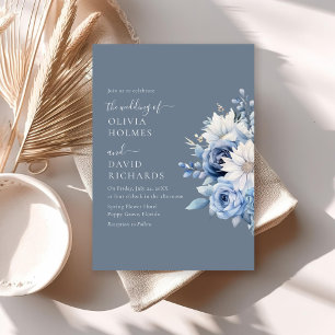 Dusty Blue Floral Wedding Invitation Elegant Left
