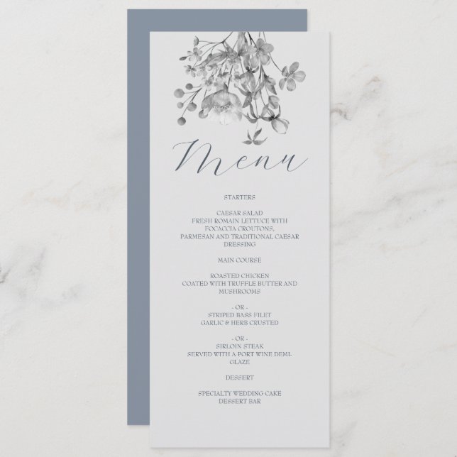 Dusty Blue Floral Wedding Menu (Front/Back)