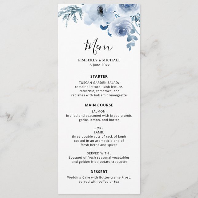dusty blue floral wedding  menu (Front)