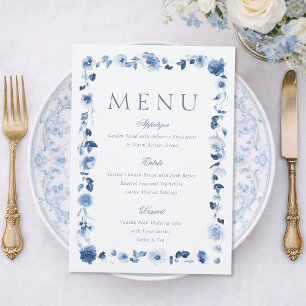 Dusty Blue Floral Wedding Menu Card