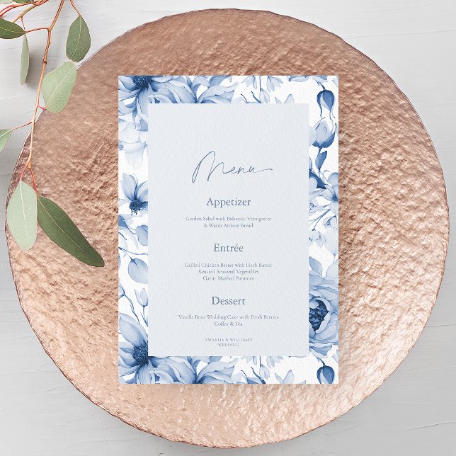 Dusty Blue Floral Wedding Menu Card (Creator Uploaded)
