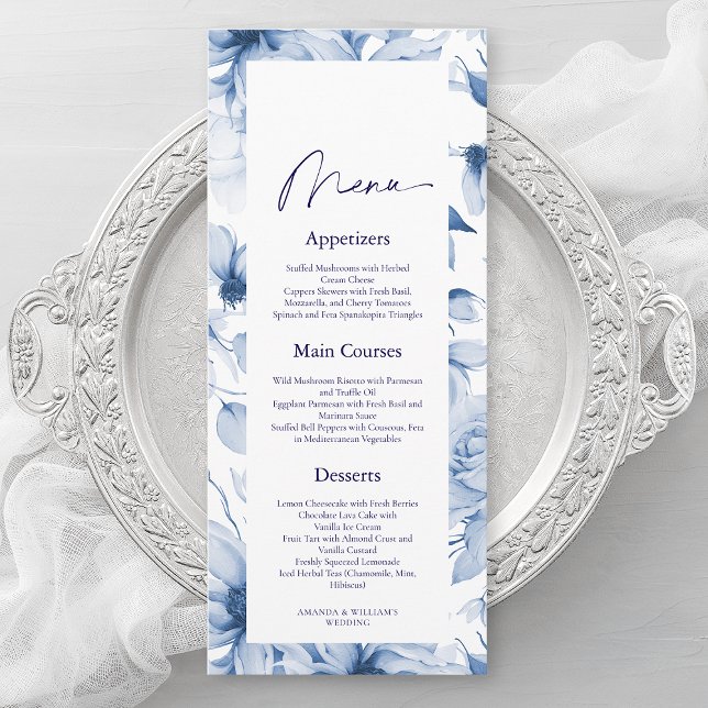 Dusty Blue Floral Wedding Menu Card (Creator Uploaded)