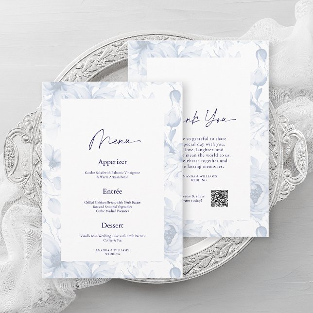Dusty Blue Floral Wedding Menu & Thank You Card (Creator Uploaded)