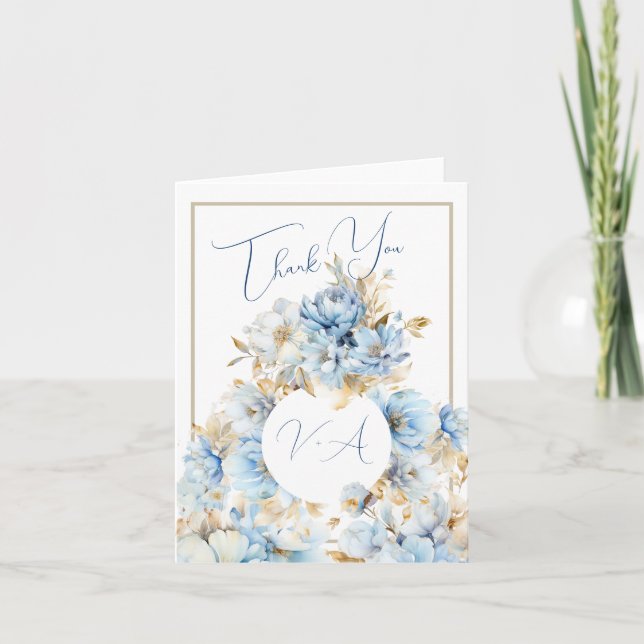 Dusty Blue Floral Wedding Monogram 2 Note Card (Front)