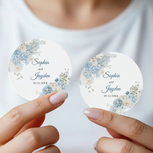 Dusty Blue Floral Wedding Monogram Watercolor Classic Round Sticker