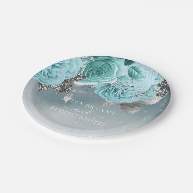 Dusty Blue Floral Wedding Paper Plate (Angled)