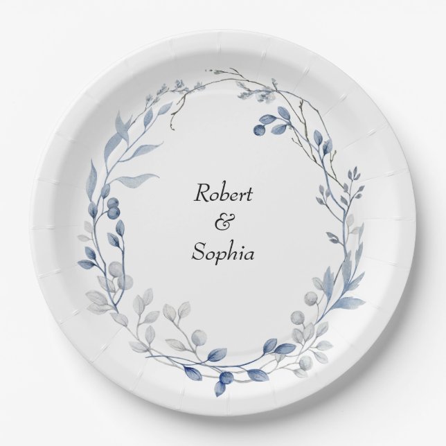 Dusty Blue Floral Wedding Paper Plate (Front)