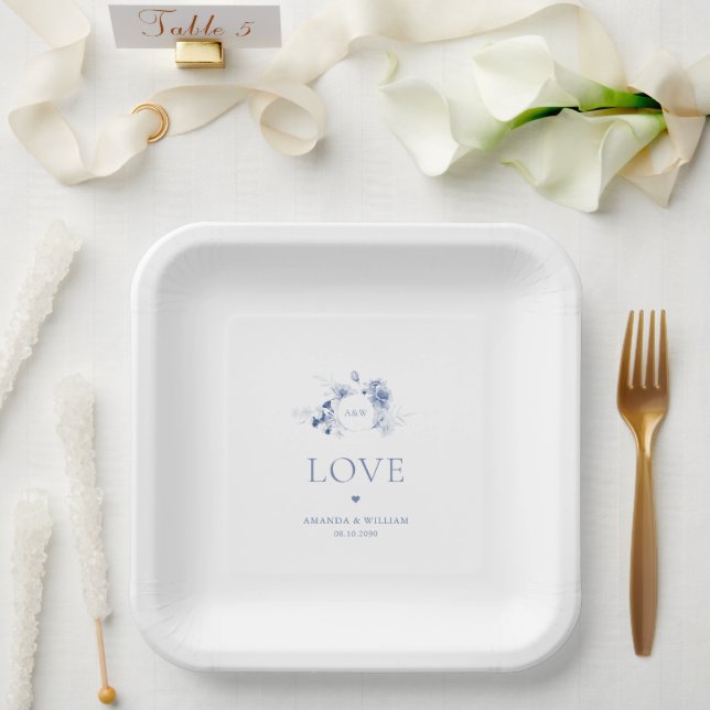 Dusty Blue Floral Wedding Paper Plates (Wedding)