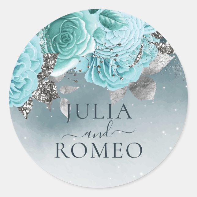 Dusty Blue Floral Wedding Personalised Classic Round Sticker (Front)