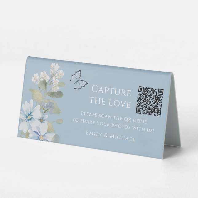 Dusty Blue Floral Wedding Photo Sharing QR Code (Front)