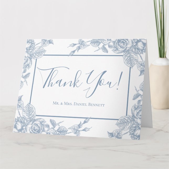 Dusty Blue Floral Wedding Photo Thank You (Front)