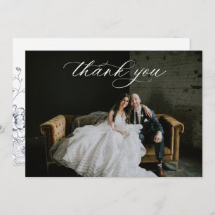 Dusty Blue Floral Wedding Photo Thank You Card