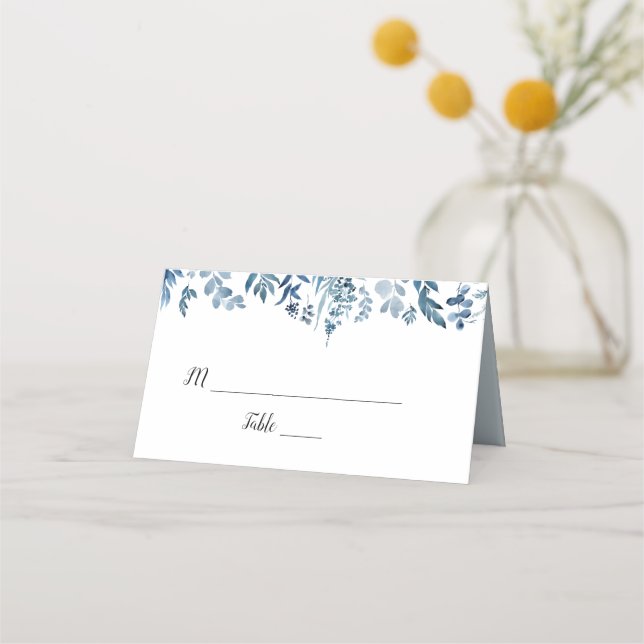 Dusty blue floral wedding place card (Front)