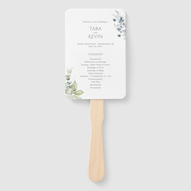 Dusty Blue Floral Wedding Program Fan with Handle  (Front)