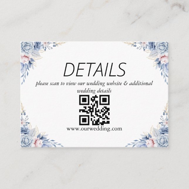 Dusty Blue Floral Wedding QR Code Enclosure Card (Front)