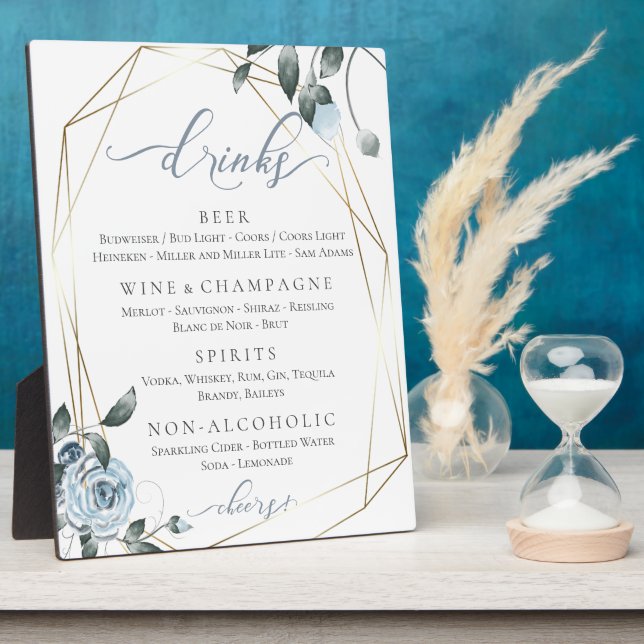 Dusty Blue Floral Wedding Reception  Bar Menu Plaque (Side)