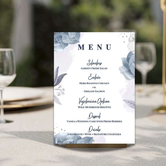 Dusty Blue Floral Wedding Reception Dinner Menu (Dusty Blue Floral Wedding Menu | Romantic Reception Menu Card)