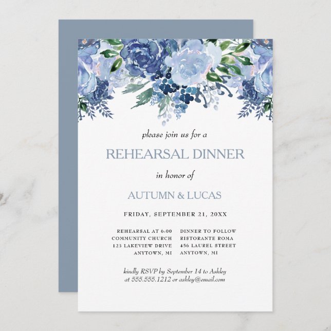 Dusty Blue Floral Wedding Rehearsal Dinner Invitation (Front/Back)