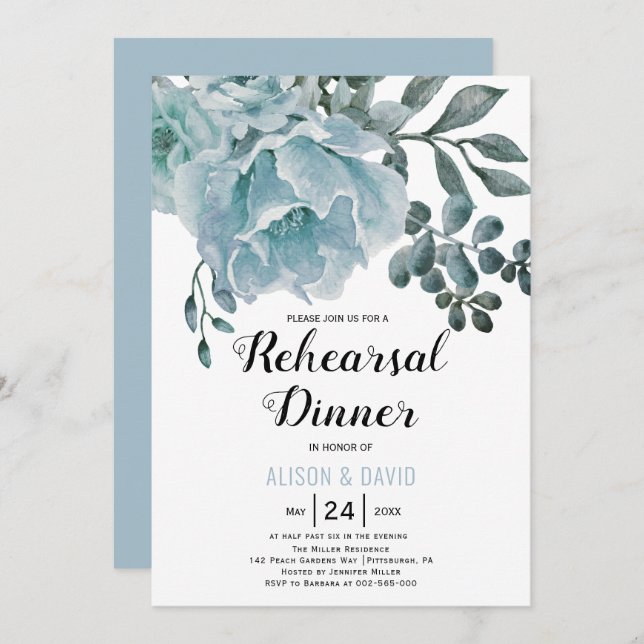 Dusty blue floral wedding rehearsal dinner  invitation (Front/Back)
