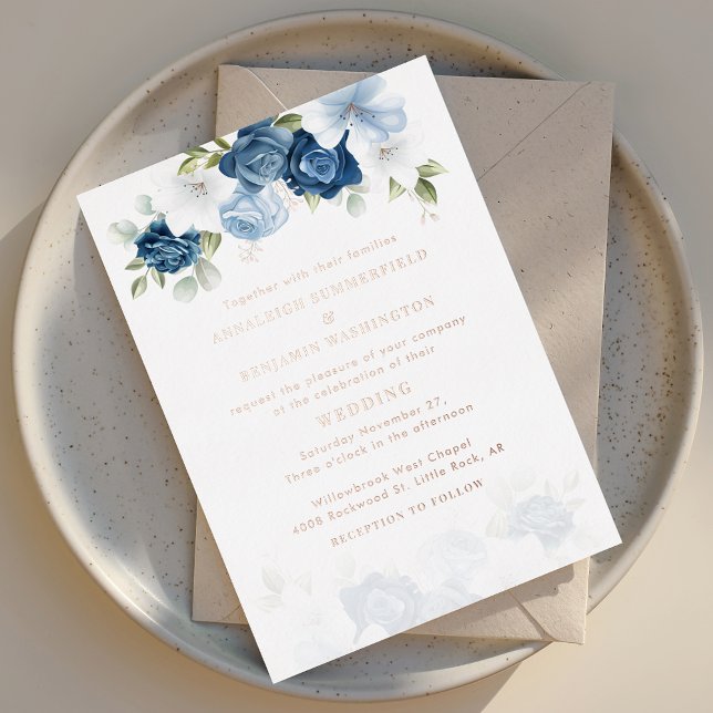 Dusty Blue Floral Wedding Rose Gold (Dusty Blue Floral Watercolor Rose Gold Foil Typography Wedding Invitation)