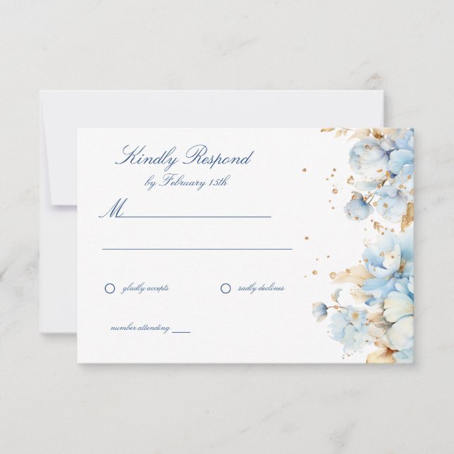Dusty Blue Floral Wedding RSVP  Card (Front)