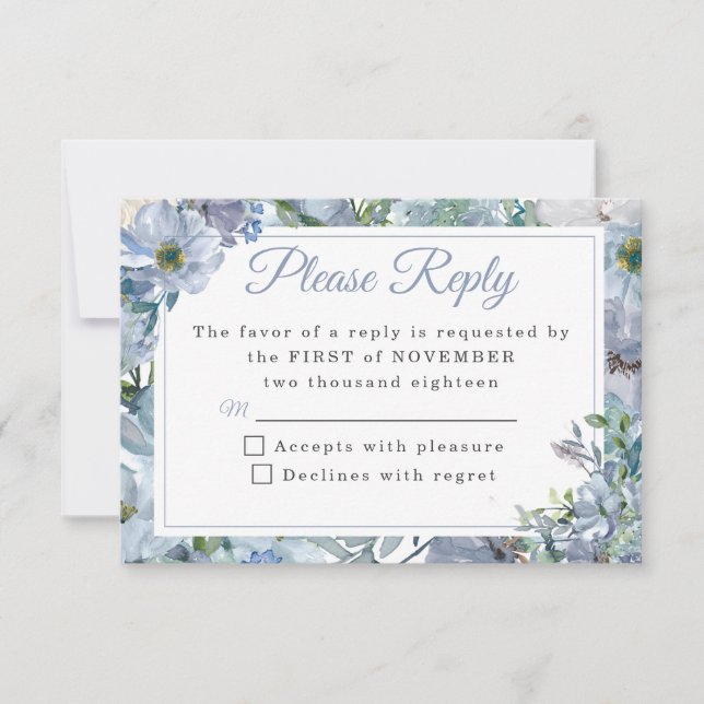 Dusty Blue Floral Wedding RSVP Cards (Front)