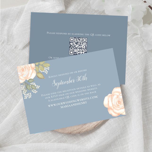 Dusty Blue Floral Wedding RSVP QR Code (Dusty blue Wedding RSVP card with a scannable QR code template. )