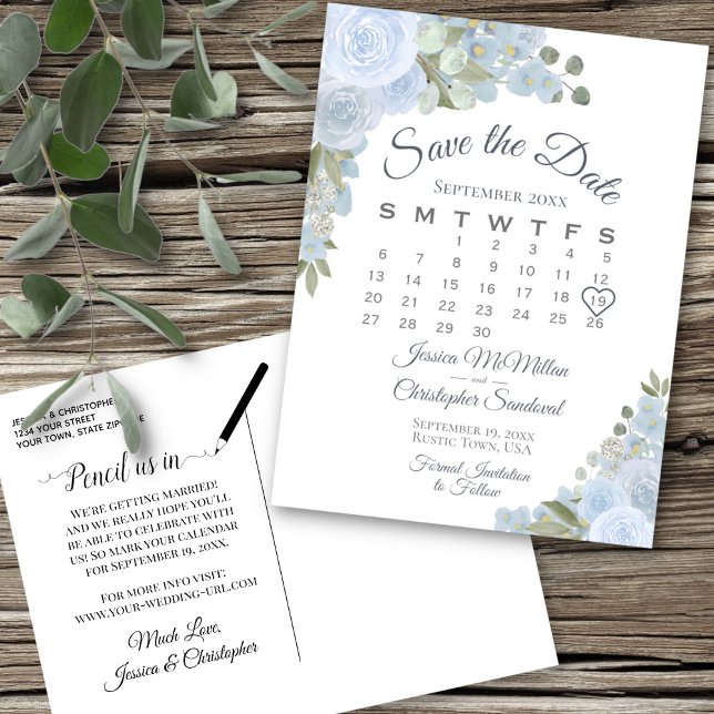 Dusty Blue Floral Wedding Save the Date Calendar Announcement Postcard (Creator Uploaded)