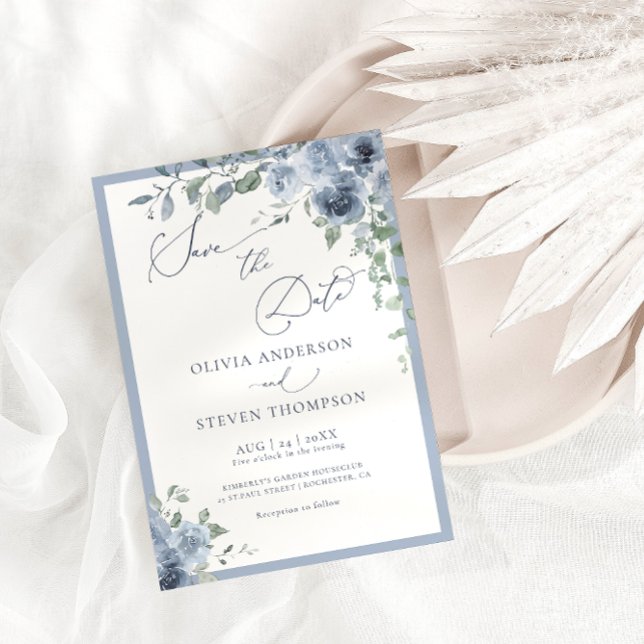 Dusty Blue Floral Wedding Save the Date Invitation (Creator Uploaded)