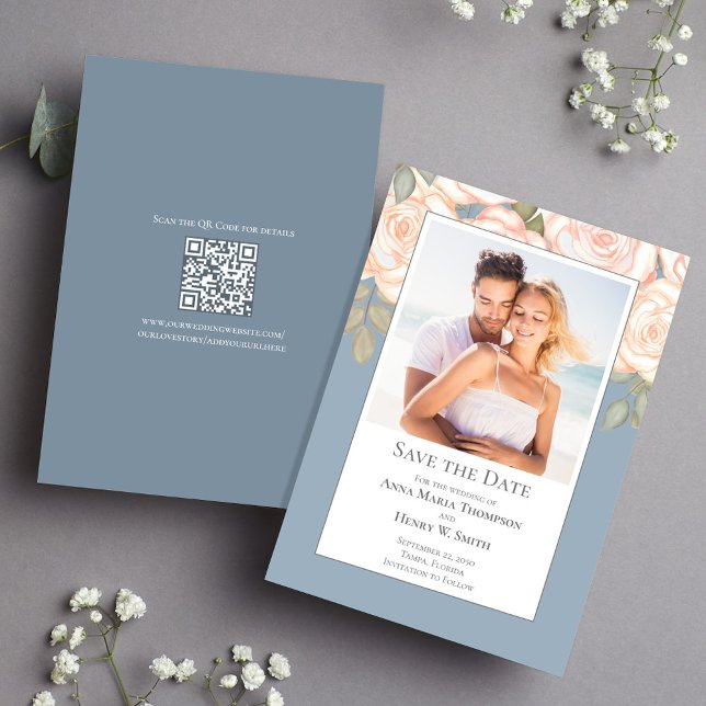 Dusty Blue Floral Wedding Save the Date Photo (Dusty Blue floral save the date photo card with a scannable QR code. )