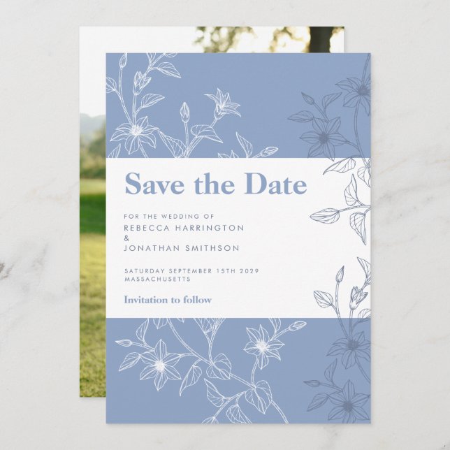 Dusty Blue Floral Wedding Save The Date Photo Card (Front/Back)