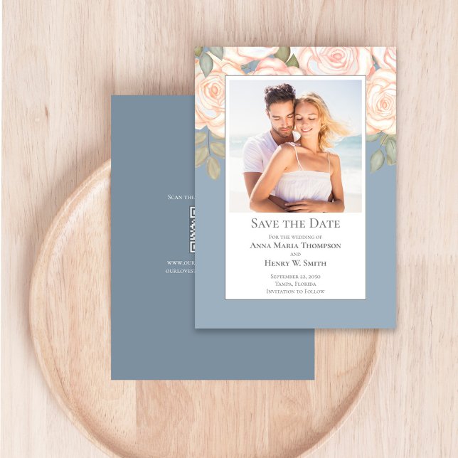 Dusty Blue Floral Wedding Save the Date Photo Invitation (Dusty blue and blush pink floral save the date photo card.)