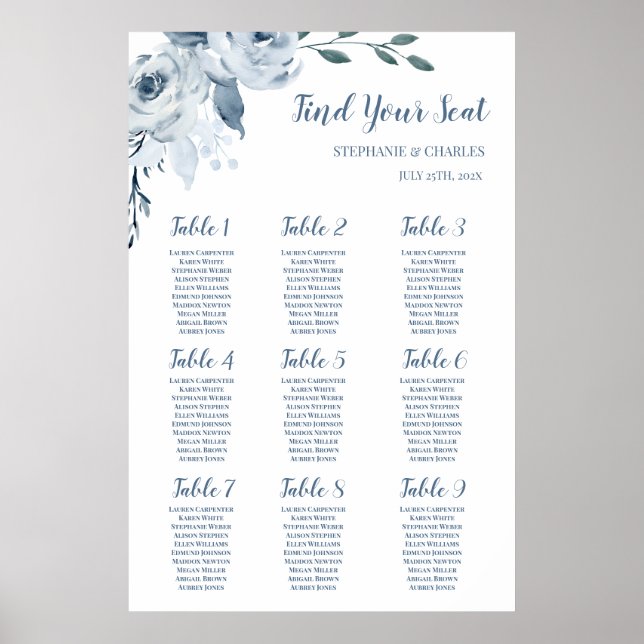 Dusty Blue Floral Wedding Seating sign (Front)